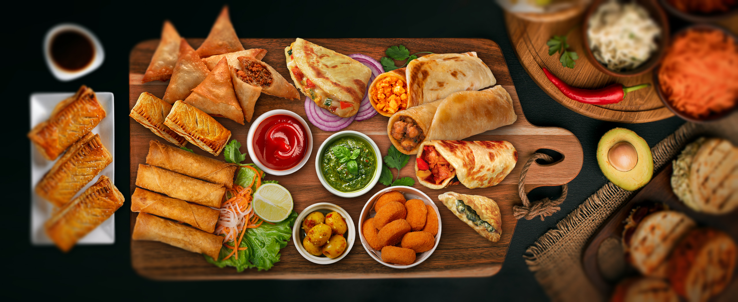 Halal Kaiser snacks and spring rolls. Snack board ideas with frozen snacks.